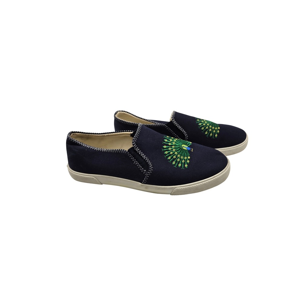 Jack Rogers Slip On Sneaker Womens 8 Navy Blue Embroidered Peacock EUC
